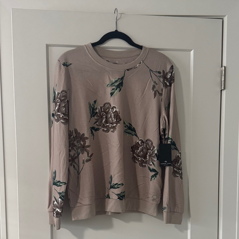 Andrew Marc Floral Print Sweatshirt in Taupe and Green